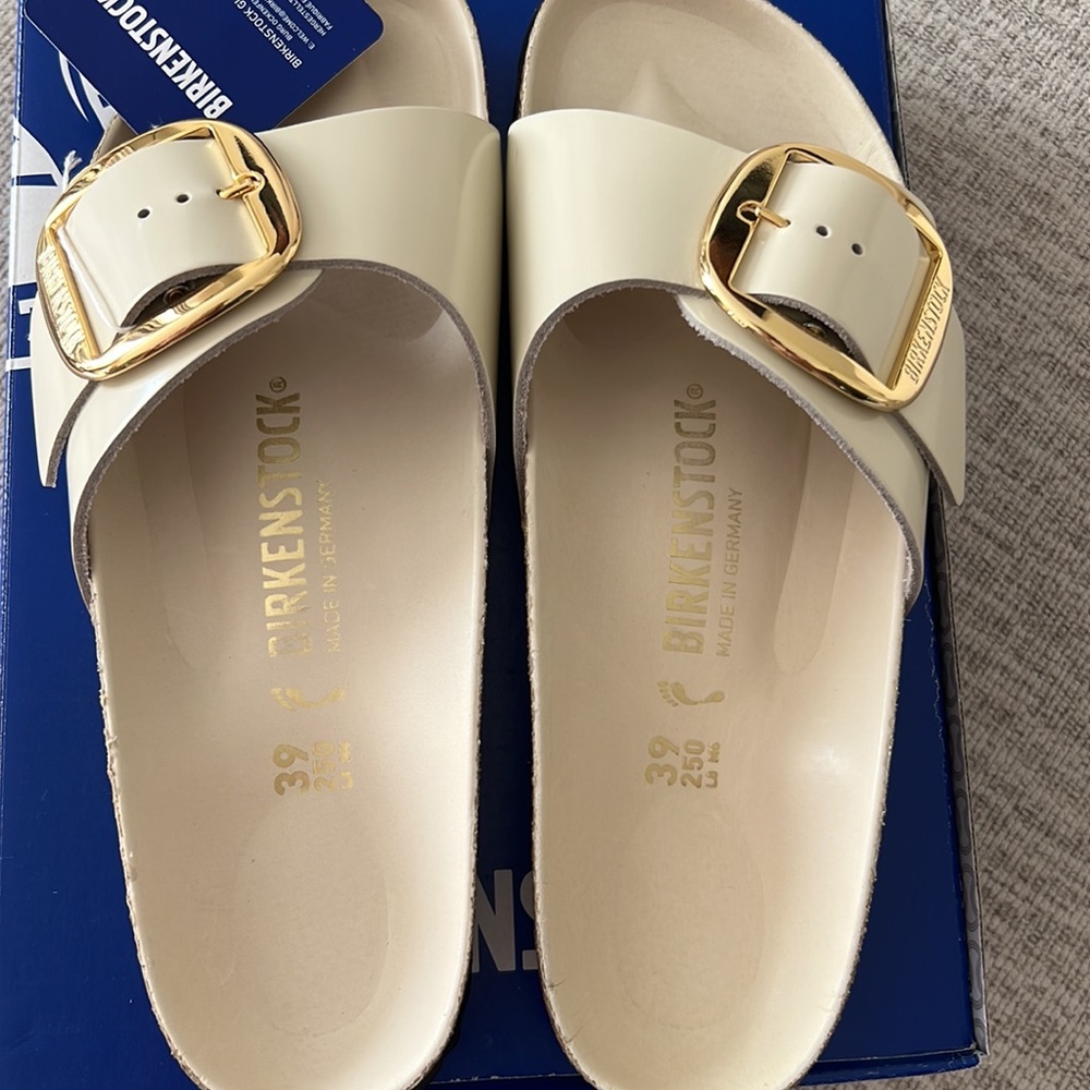 NWT Birkenstock Madrid High Shine Ecru Big Buckle Gold Beige Sandals - Picture 14 of 15